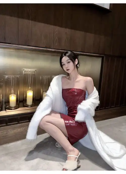 gyokuu2021秋冬新款酒红色漆皮圣诞性感辣妹抹胸裙女